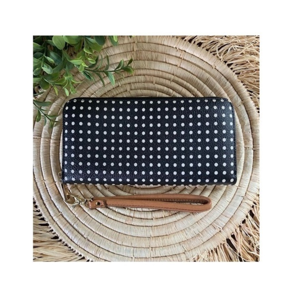 FOSSIL‎ Zip Around Wallet Black White Polka Dots Wristlet